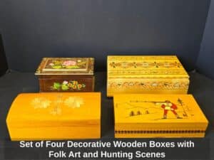 Set-of-Four-Decorative-Wooden-Boxes-with-Folk-Art-and-Hunting-Scenes