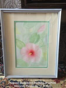 Signed-Watercolor-Painting-of-a-Pink-Hibiscus-Flower-by-J.-P.-Rell