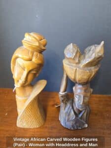 Vintage-African-Carved-Wooden-Figures-Pair-Woman-with-Headdress-and-Man-Carrying-Bowl