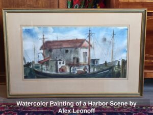 Watercolor-Painting-of-a-Harbor-Scene-by-Alex-Leonoff