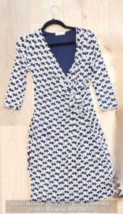 GILLI-Womens-Navy-and-White-Geometric-Print-Faux-Wrap-Midi-Dress
