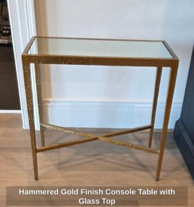 Hammered-Gold-Finish-Console-Table-with-Glass-Top