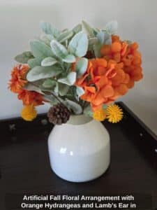 Artificial-Fall-Floral-Arrangement-with-Orange-Hydrangeas-and-Lambs-Ear-in-Speckled-Ceramic-Vase