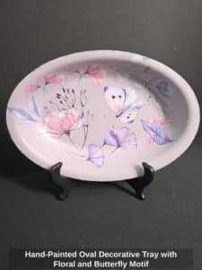 Hand-Painted-Oval-Decorative-Tray-with-Floral-and-Butterfly-Motif