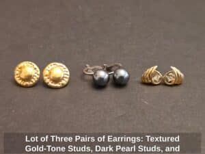 Lot-of-Three-Pairs-of-Earrings-Textured-Gold-Tone-Studs-Dark-Pearl-Studs-and-Abstract-CZ-Studs