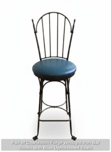 Pair-of-Charleston-Forge-Wrought-Iron-Bar-Stools-with-Blue-Upholstered-Seats