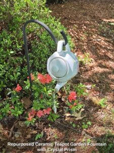 Repurposed-Ceramic-Teapot-Garden-Fountain-with-Crystal-Prism