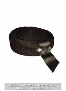 Vintage-Brown-Woven-Pillbox-Hat-with-Rhinestone-Embellishment