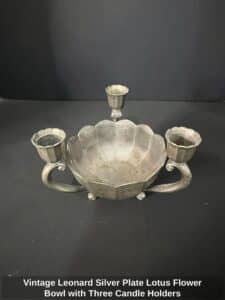 Vintage-Leonard-Silver-Plate-Lotus-Flower-Bowl-with-Three-Candle-Holders