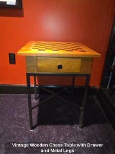 Vintage-Wooden-Chess-Table-with-Drawer-and-Metal-Legs