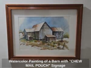 Watercolor-Painting-of-a-Barn-with-CHEW-MAIL-POUCH-Signage