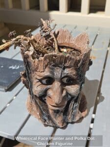 Whimsical-Face-Planter-and-Polka-Dot-Chicken-Figurine