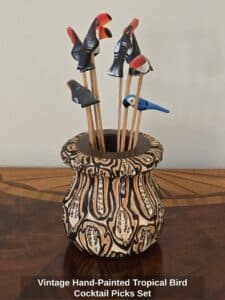 Vintage-Hand-Painted-Tropical-Bird-Cocktail-Picks-Set
