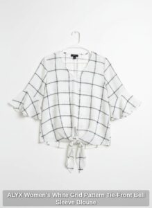 ALYX-Womens-White-Grid-Pattern-Tie-Front-Bell-Sleeve-Blouse