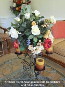Artificial-Floral-Arrangement-with-Candelabra-and-Pillar-Candles
