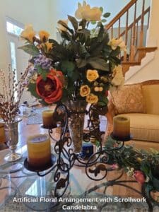 Artificial-Floral-Arrangement-with-Scrollwork-Candelabra