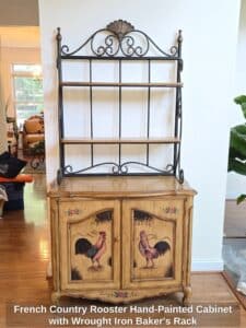 French-Country-Rooster-Hand-Painted-Cabinet-with-Wrought-Iron-Bakers-Rack