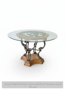Glass-Top-Dining-Table-with-Four-Ornate-Metal-Chairs