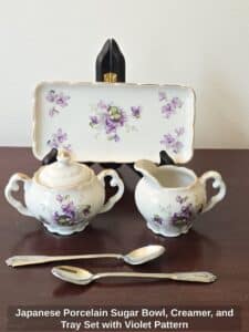 Japanese-Porcelain-Sugar-Bowl-Creamer-and-Tray-Set-with-Violet-Pattern