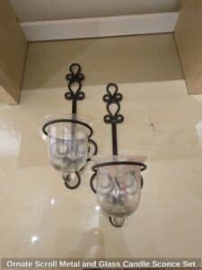 Ornate-Scroll-Metal-and-Glass-Candle-Sconce-Set