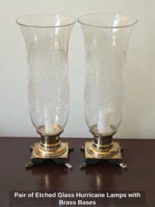 Pair-of-Etched-Glass-Hurricane-Lamps-with-Brass-Bases
