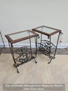 Pair-of-Ornate-Wrought-Iron-Magazine-Racks-with-Glass-Tops