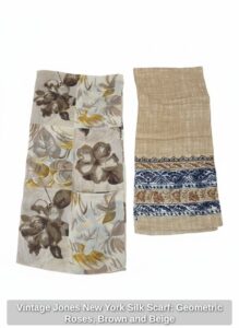 Vintage-Jones-New-York-Silk-Scarf-Geometric-Roses-Brown-and-Beige