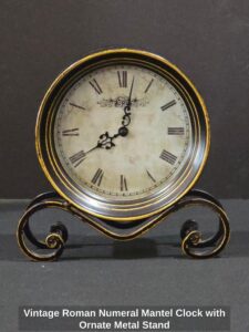 Vintage-Roman-Numeral-Mantel-Clock-with-Ornate-Metal-Stand