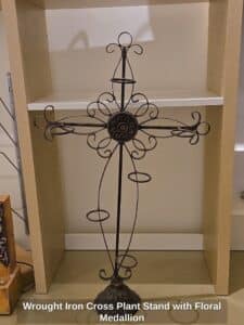 Wrought-Iron-Cross-Plant-Stand-with-Floral-Medallion