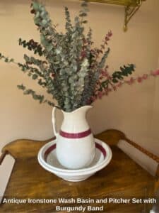 Antique-Ironstone-Wash-Basin-and-Pitcher-Set-with-Burgundy-Band