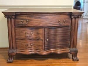 Antique-Mahogany-Serpentine-Sideboard-with-Carved-Ball-and-Claw-Feet-and-Brass-Pulls