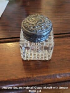 Antique-Square-Hobnail-Glass-Inkwell-with-Ornate-Metal-Lid