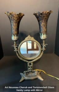 Art-Nouveau-Cherub-and-Tortoiseshell-Glass-Vanity-Lamp-with-Mirror