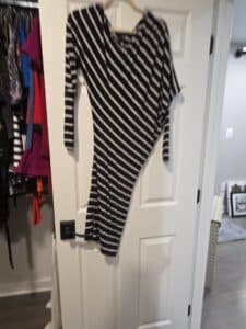 BCBGMAXAZRIA-Black-and-White-Striped-Asymmetrical-Draped-Dress