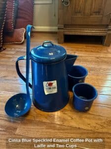 Cinsa-Blue-Speckled-Enamel-Coffee-Pot-with-Ladle-and-Two-Cups