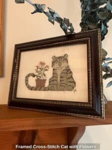 Framed-Cross-Stitch-Cat-with-Flowers