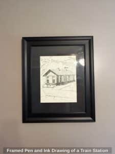 Framed-Pen-and-Ink-Drawing-of-a-Train-Station