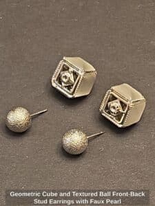 Geometric-Cube-and-Textured-Ball-Front-Back-Stud-Earrings-with-Faux-Pearl-second-image