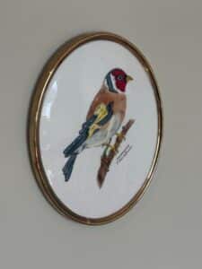 Goebel-W.-Germany-Handpainted-Porcelain-Plaques-European-Goldfinch-and-Barn-Owl-by-F.-Kirchner