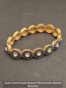 Gold-Tone-Purple-Beaded-Rhinestone-Stretch-Bracelet