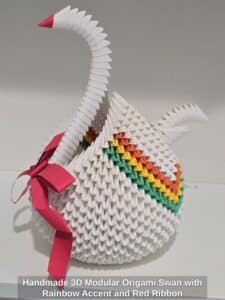 Handmade-D-Modular-Origami-Swan-with-Rainbow-Accent-and-Red-Ribbon
