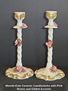 Moretti-Este-Ceramic-Candlesticks-with-Pink-Roses-and-Gilded-Accents