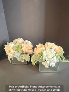 Pair-of-Artificial-Floral-Arrangements-in-Mirrored-Cube-Vases-Peach-and-White