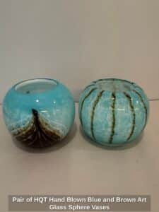 Pair-of-HQT-Hand-Blown-Blue-and-Brown-Art-Glass-Sphere-Vases
