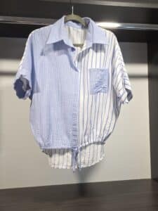 Patchwork-Blue-and-White-Striped-Tie-Front-Blouse