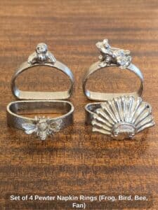 Set-of-Pewter-Napkin-Rings-Frog-Bird-Bee-Fan