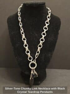 Silver-Tone-Chunky-Link-Necklace-with-Black-Crystal-Teardrop-Pendants