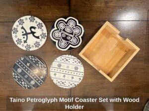 Taino-Petroglyph-Motif-Coaster-Set-with-Wood-Holder
