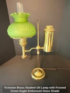Victorian-Brass-Student-Oil-Lamp-with-Frosted-Green-Eagle-Embossed-Glass-Shade