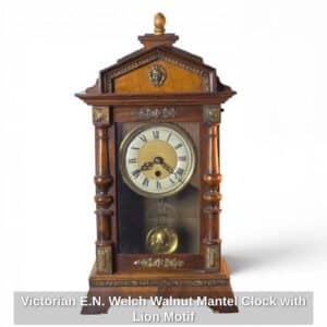 Victorian-E.N.-Welch-Walnut-Mantel-Clock-with-Lion-Motif